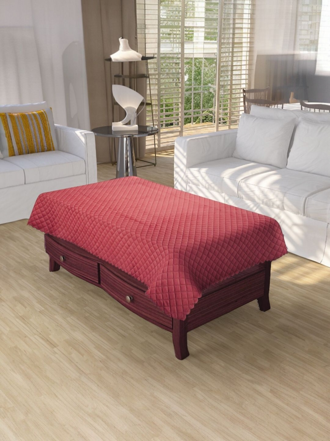 BIGGER FISH Maroon Checked 4-Seater Velvet Quilted Table Cover