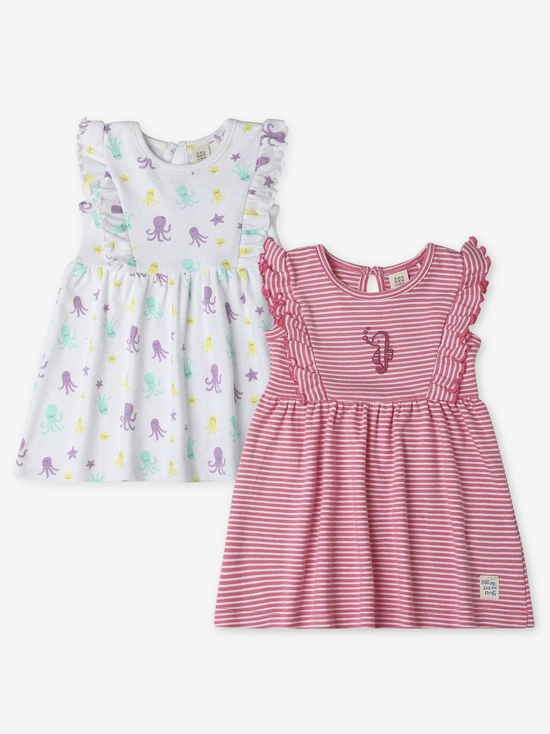 Ed-a-Mamma Pack of 2 Baby Girl Striped Flutter Sleeve A-line Dress