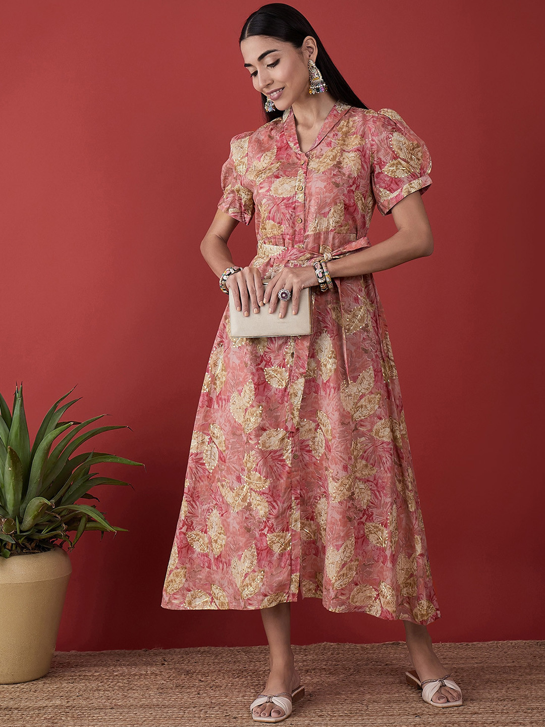 Anouk Pink Floral Printed Puff Sleeves Belted A-Line Midi Dress
