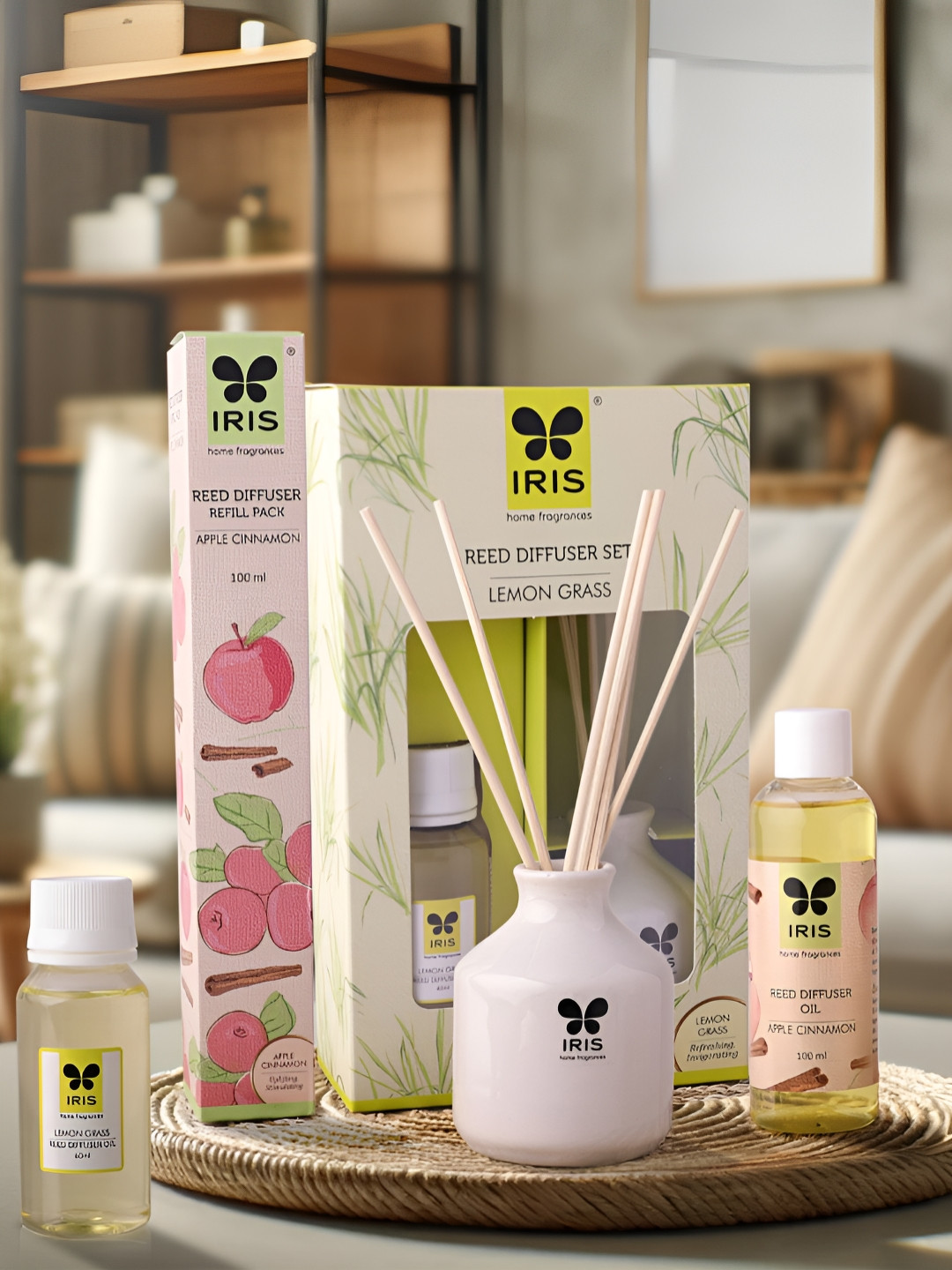 Iris Purple & Yellow Lemongrass & Apple cinnamon Aroma Reed Oil Diffuser & Refill Pack