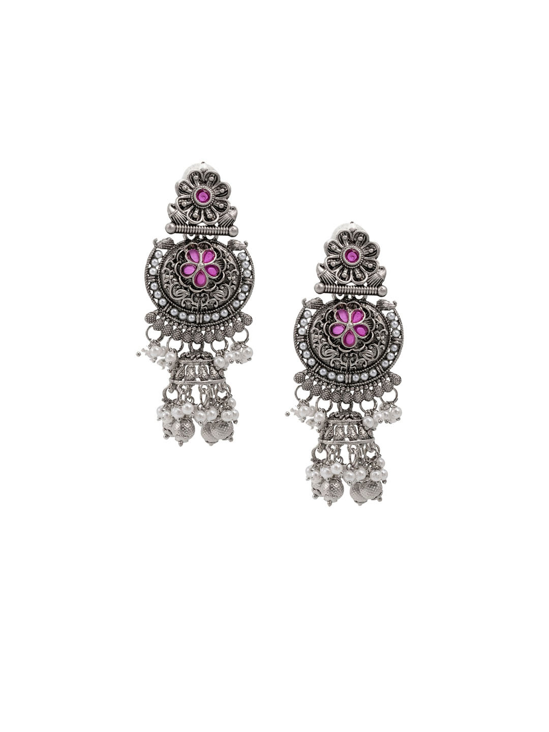 Shining Jewel - By Shivansh Silver-Plated Cubic Zirconia Studded Chand Bali Jhumkas