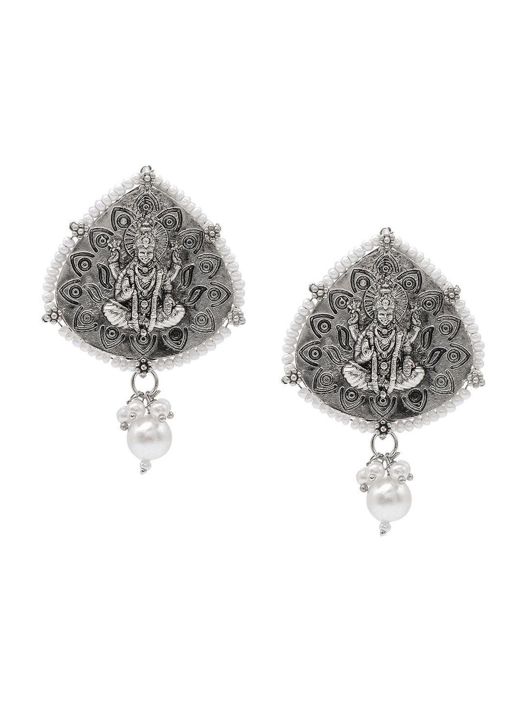 Shining Jewel - By Shivansh Silver-Plated Pearls Leaf Shaped Drop Earrings