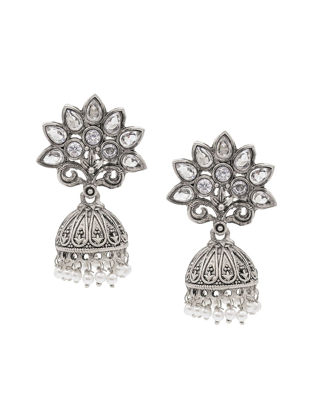 Shining Jewel - By Shivansh Silver-Plated Brass Dome Shaped Cubic Zirconia Jhumka Earrings