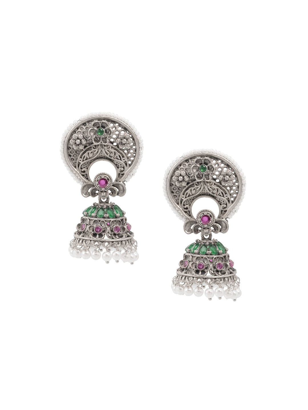 Shining Jewel - By Shivansh Matte Silver-Plated Cubic Zirconia Dome Shaped Jhumkas
