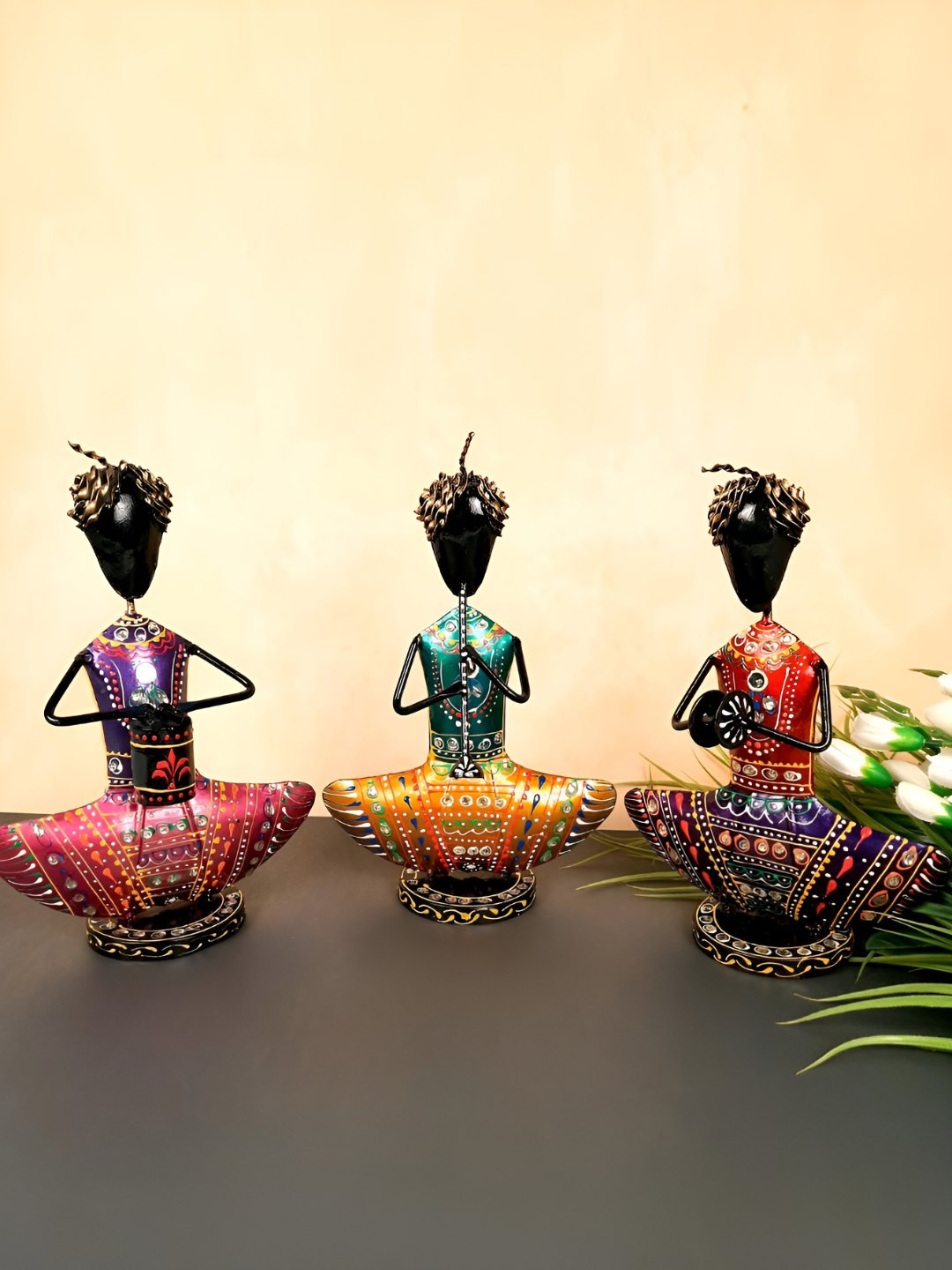 apka mart Rajasthani Musician Black Metal Metallic Living Room Set of 3 Medium Showpieces - 11.8 Inches