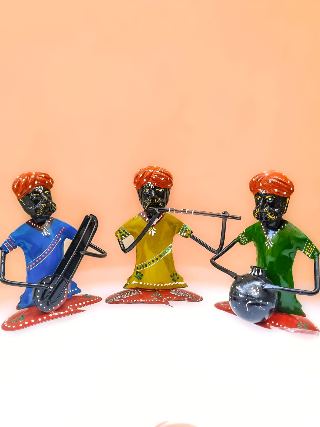 apka mart Rajasthani Musician Blue Metal Metallic Living Room Set of 3 Small Showpieces - 7.5 Inches