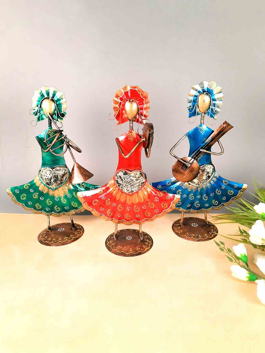 apka mart Rajasthani Musician Blue Metal Metallic Living Room Set of 3 Medium Showpieces - 13.8 Inches
