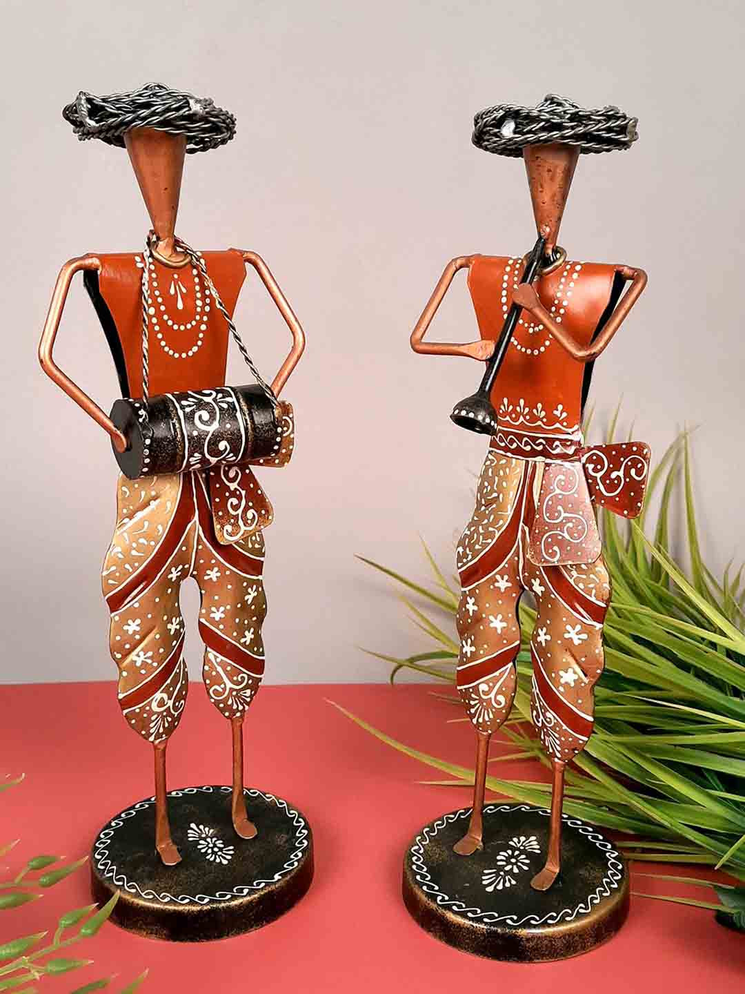 apka mart Rajasthani Musician Orange Metal Metallic Living Room Music Set of 2 Medium Showpieces - 13.8 Inches