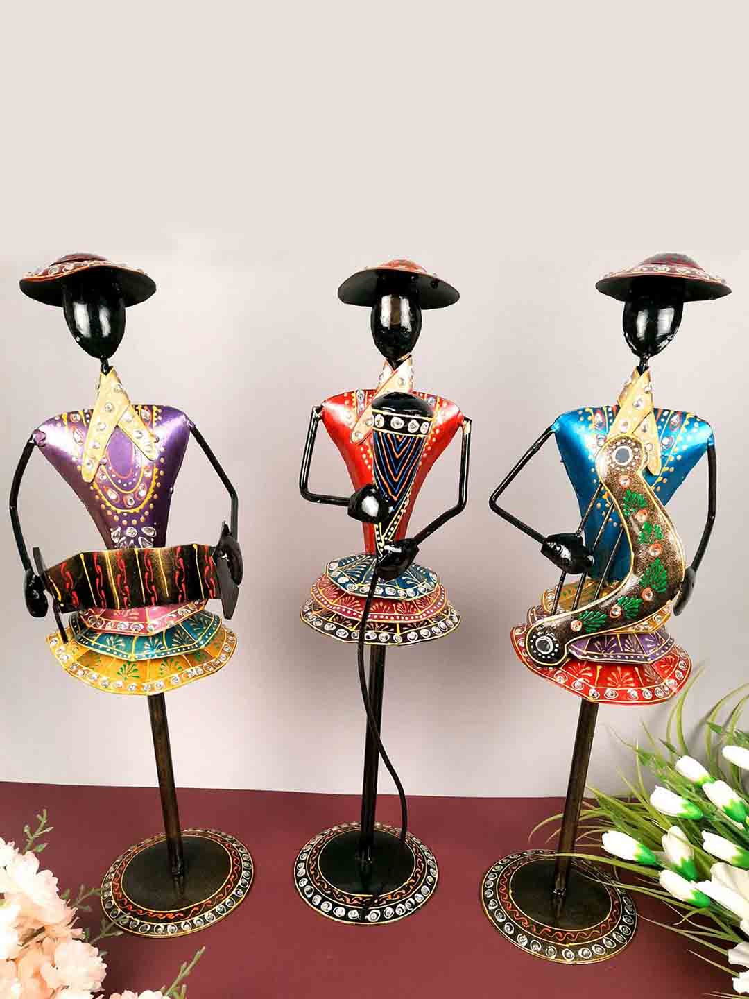 apka mart Rajasthani Musician Blue Metal Metallic Home Office Music Set of 3 Large Showpieces - 20.9 Inches