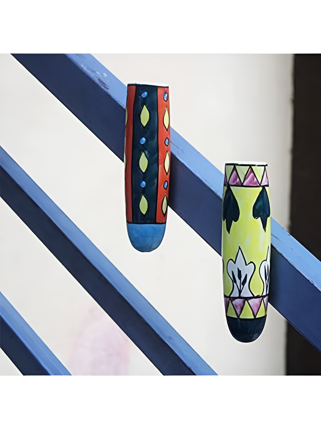 VAH Kya Bat Hai !! Yellow & Blue 2 Pcs Printed Ceramic Flower Pot Holder