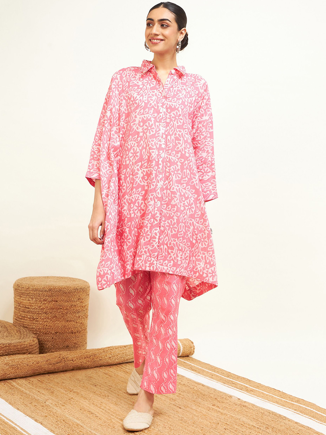 STADO Floral Printed Shirt CollarCotton  A-Line Kurta with Trousers