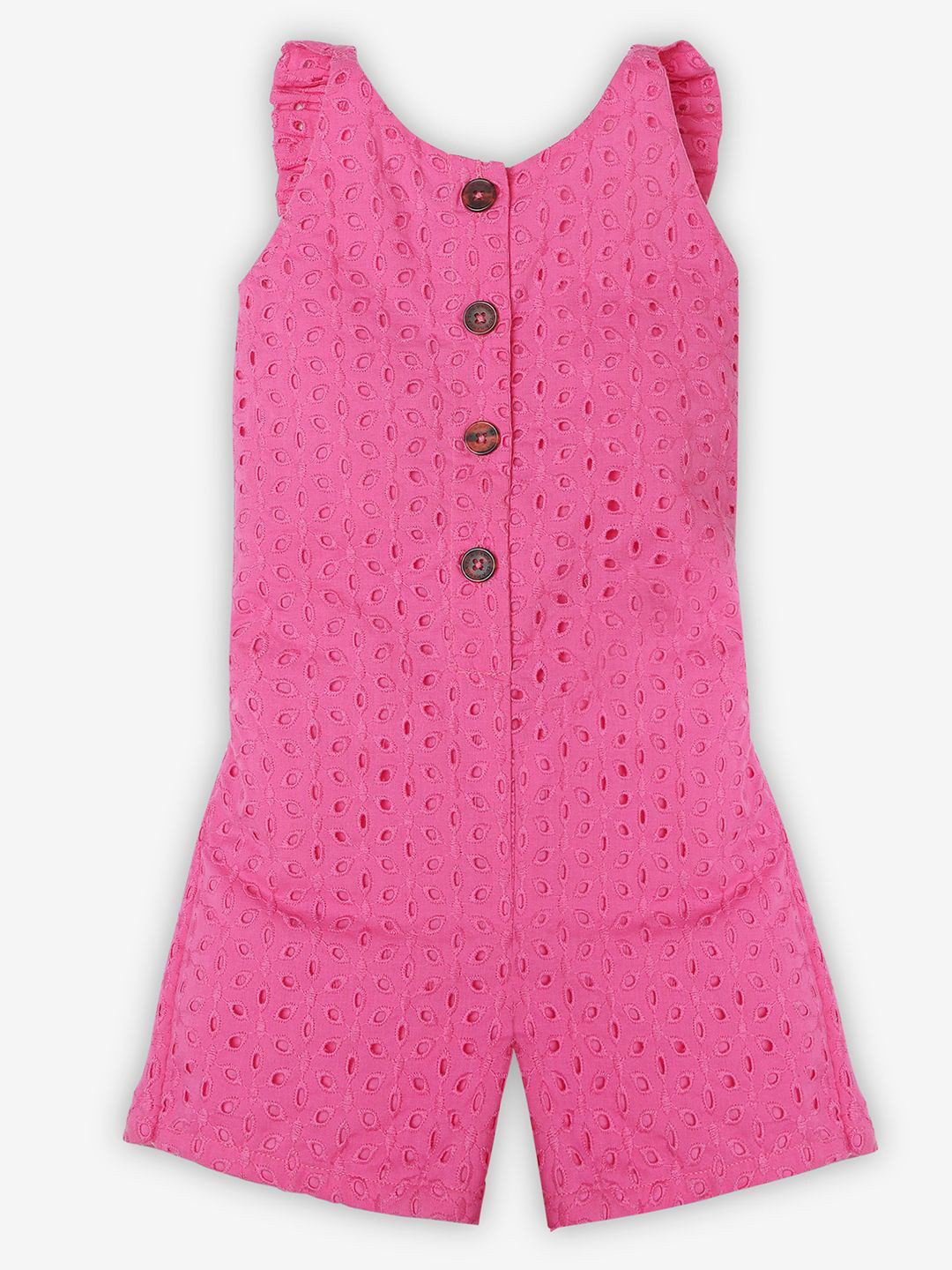 Ed-a-Mamma Girls Self Design Sleeveless Schiffli & Ruffles Detail Cotton Basic Jumpsuit