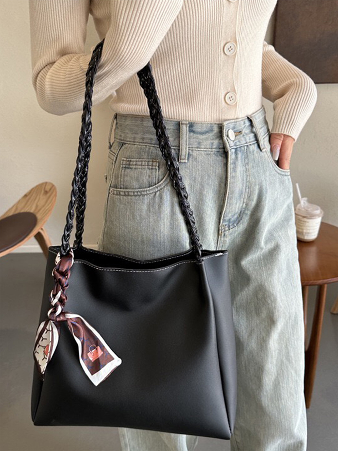 Styli Women Black Ribbon Drop Shoulder Bag