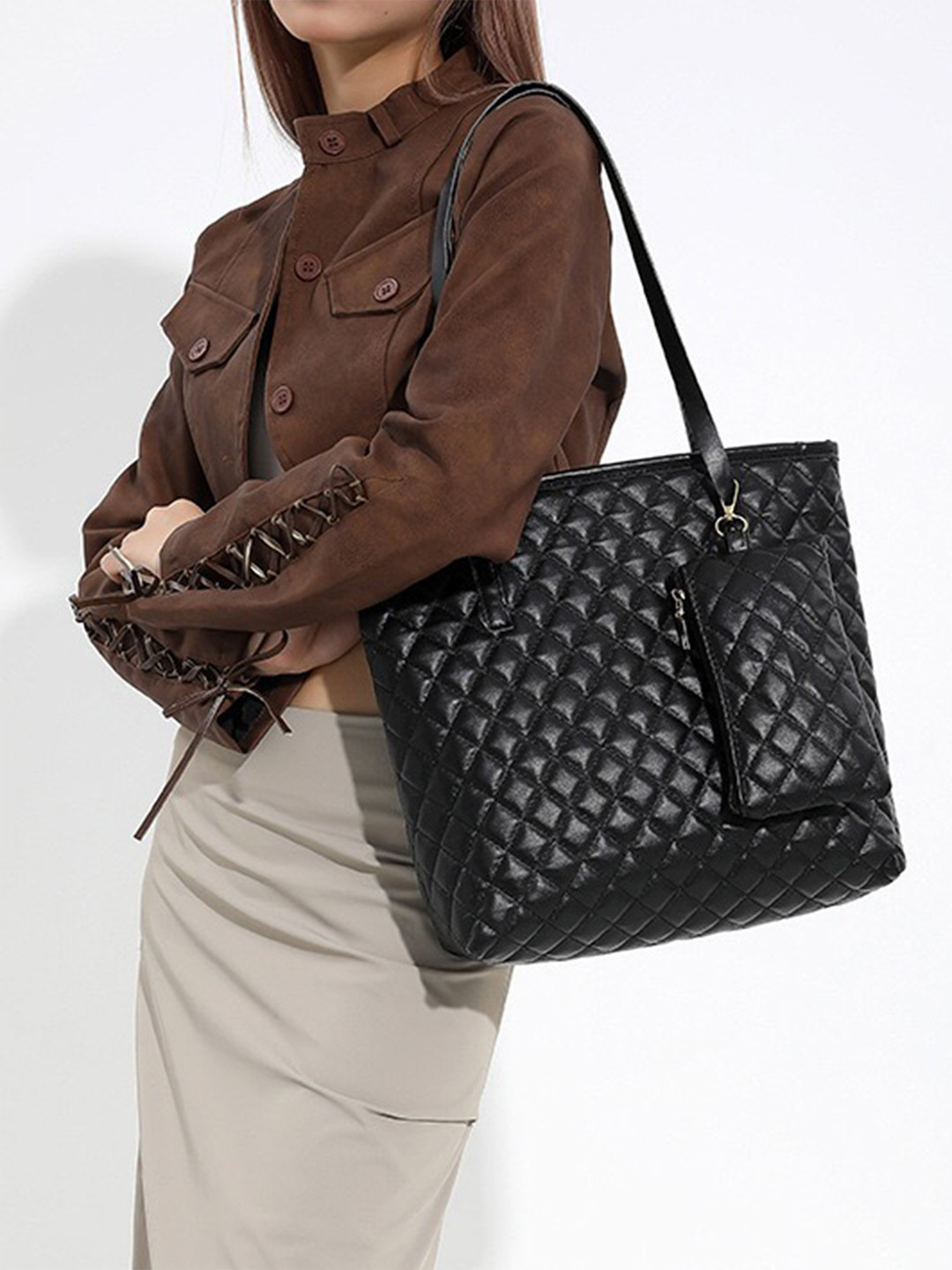 Styli Women Black Debossed Diamond Design Shoulder Bag