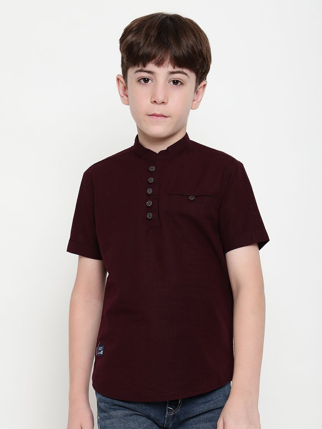 Octave Boys Solid Short Sleeves Mandarin Collar Casual Shirt