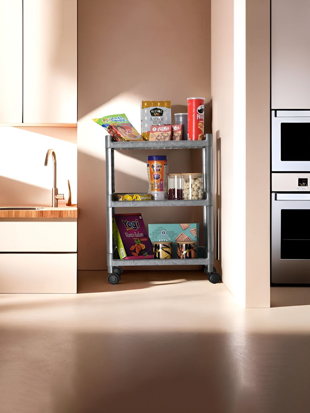 Kuber Industries Grey Textured 3 Layer Rectangle Metal Multipurpose Rack