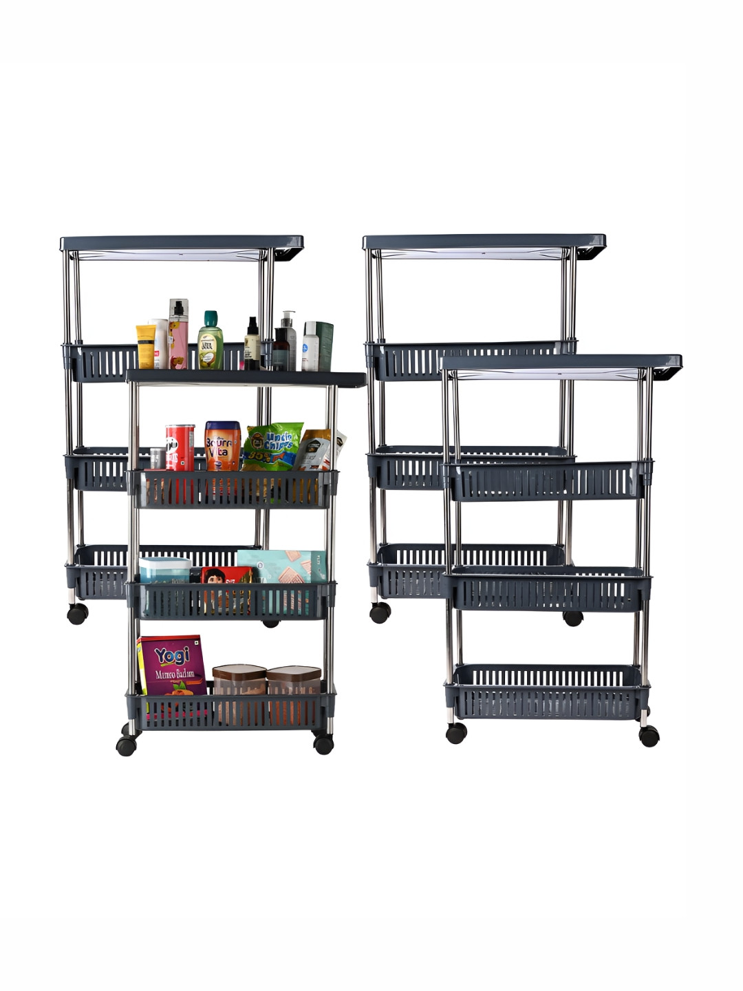 Kuber Industries Grey 4 Pieces Textured Slim 4 Layer Multipurpose Racks With Wheels