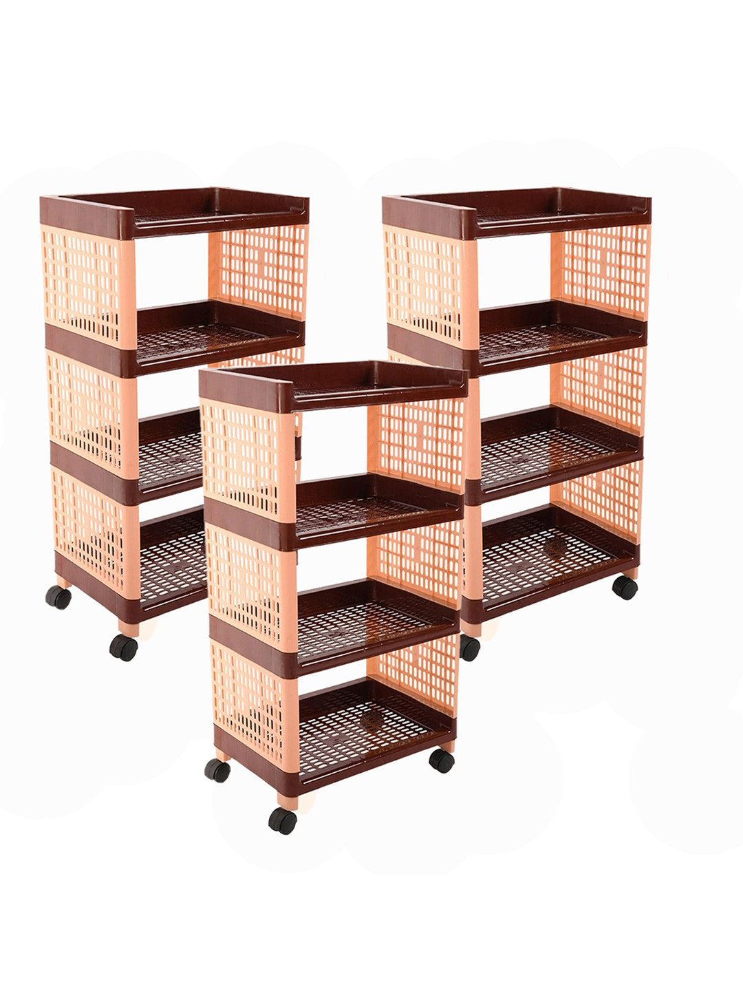 Kuber Industries Brown 3 Pieces 4-Layer Storage Trolley Racks