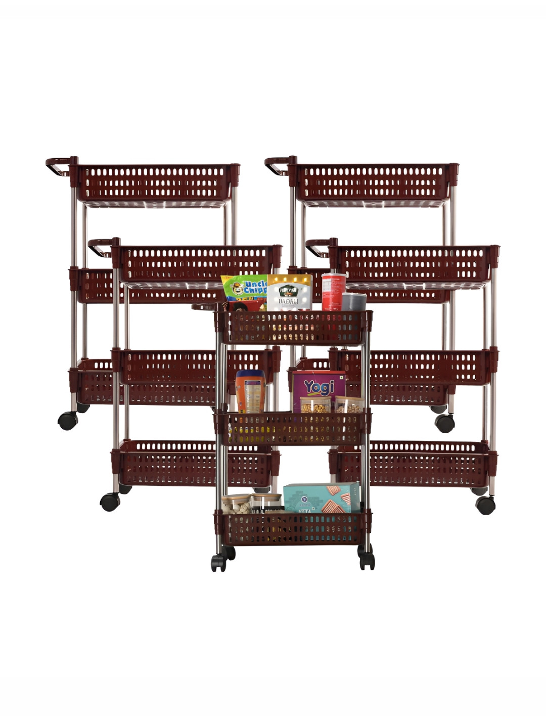 Kuber Industries Brown 5 Pieces 3-Tier Trolley Storage Rack With Wheels