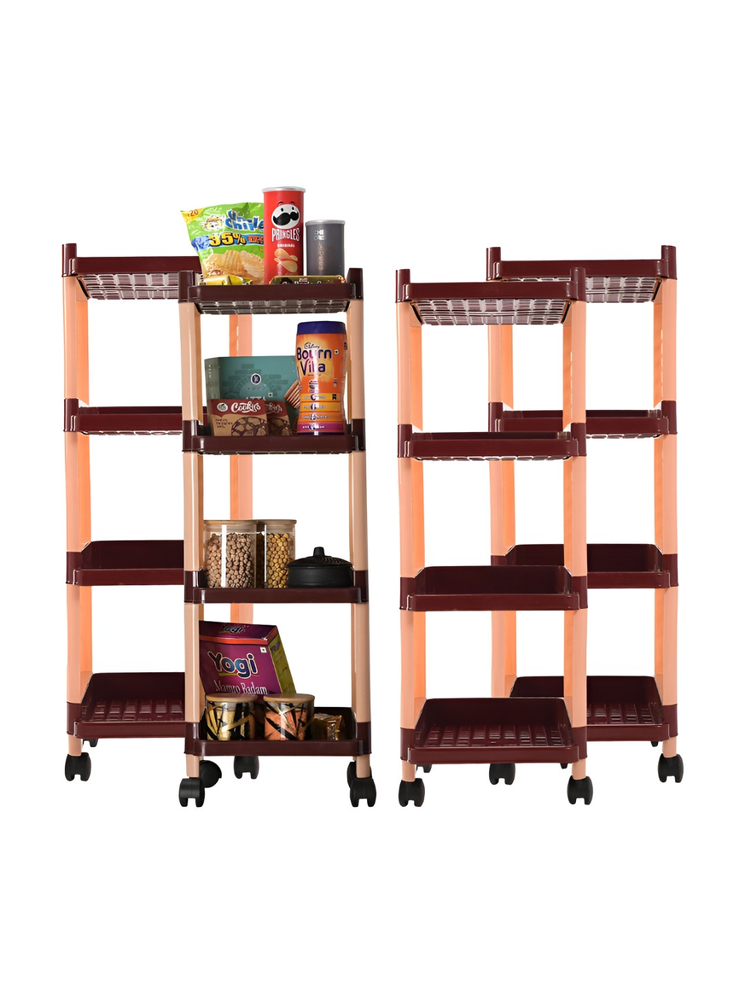 Kuber Industries Brown 4 Pieces 4-Layer Storage Trolley Racks