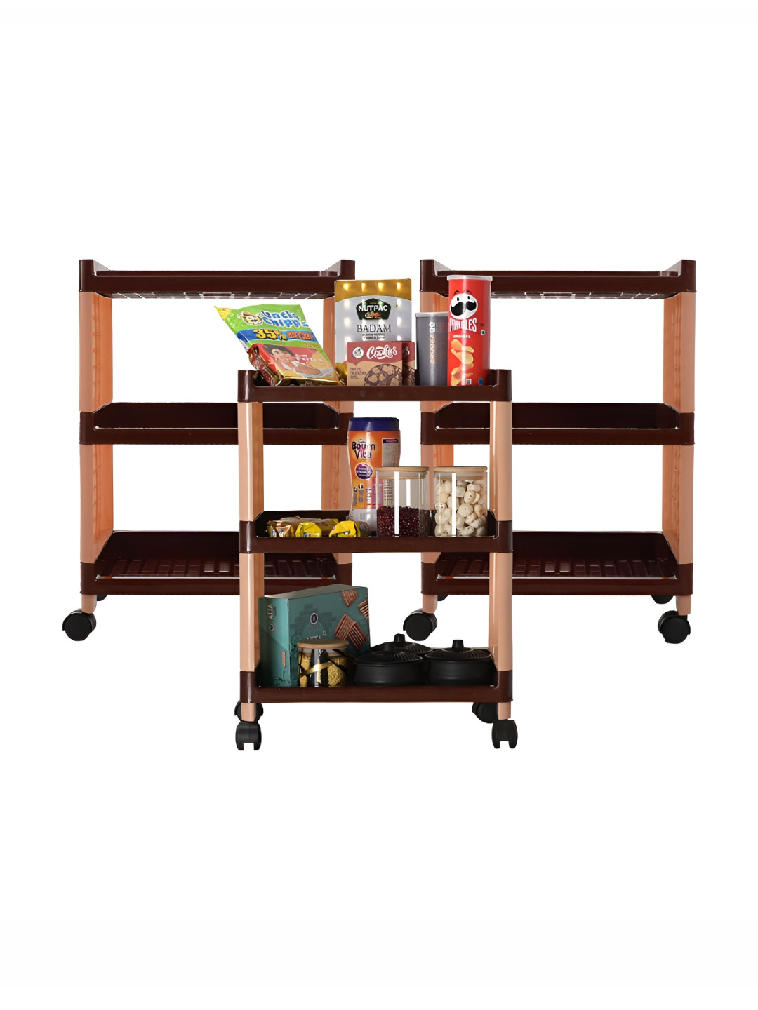 Kuber Industries Brown & Black 3 Pieces Multipurpose 3- Layer Storage Racks