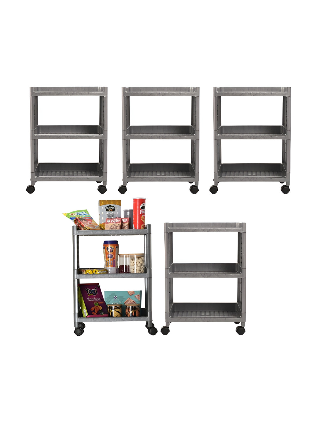 Kuber Industries Grey 5 Pieces 3-Tier Trolley Storage Racks With Wheels
