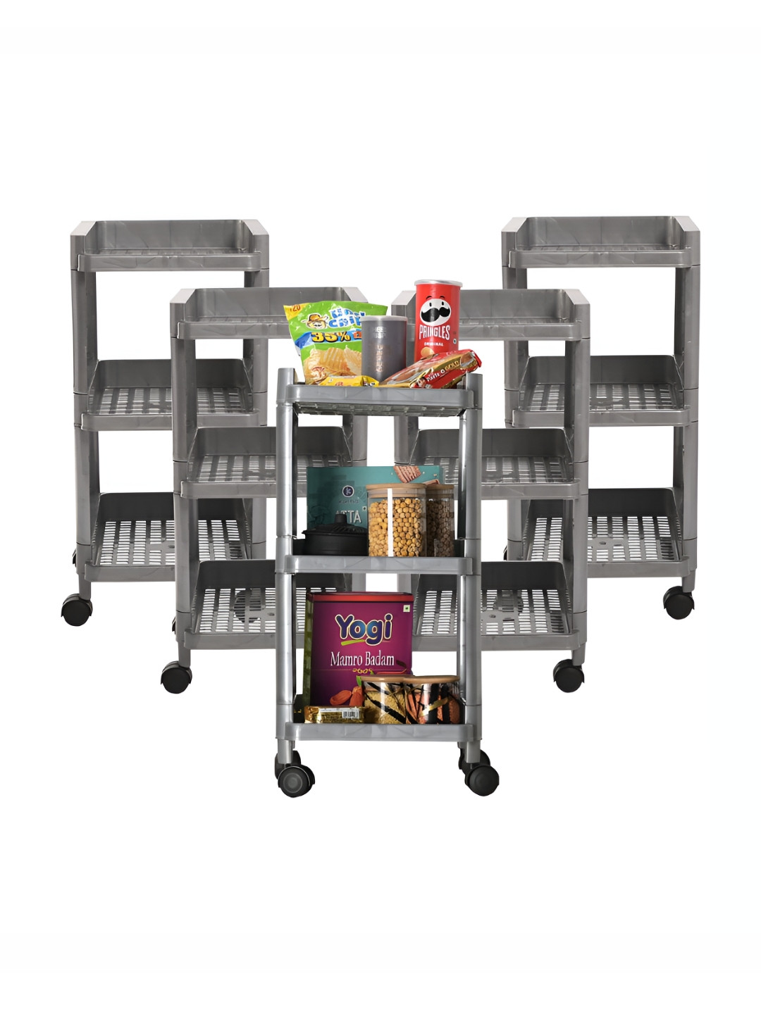 Kuber Industries Grey 5 Pieces Textured 3-Layer Storage Trolley Racks
