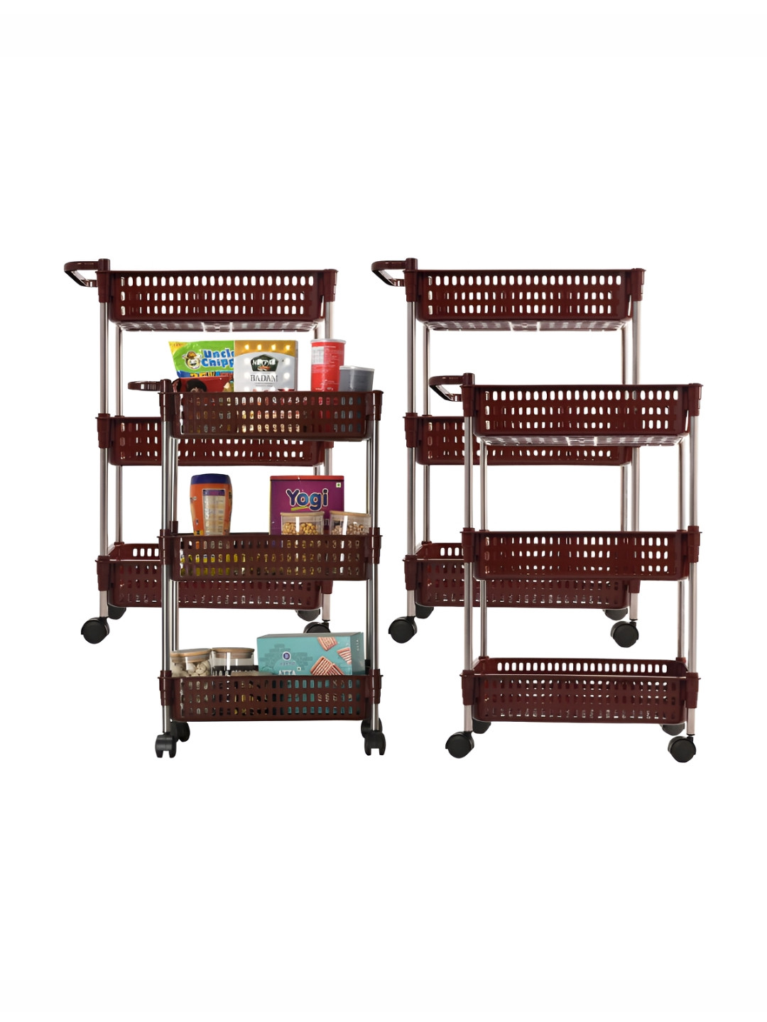 Kuber Industries Brown 4 Pieces Textured 3-Layer Multipurpose Racks With Wheels