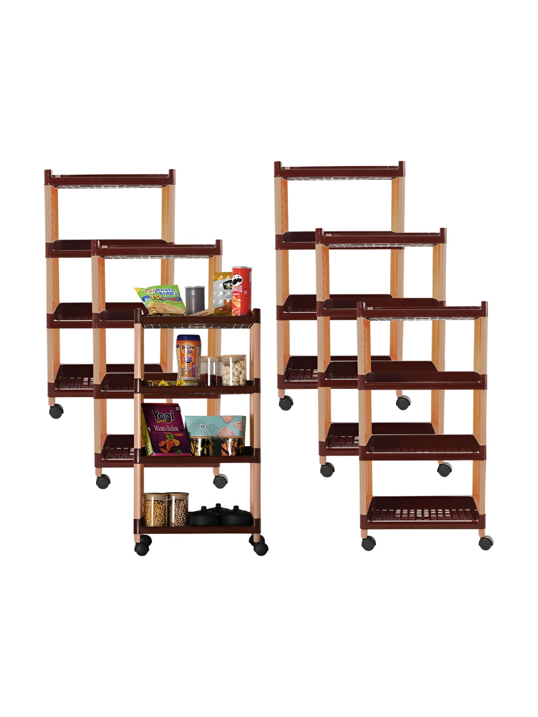 Kuber Industries Brown 6 Pieces 4-Layer Trolley Storage Rack With Wheels