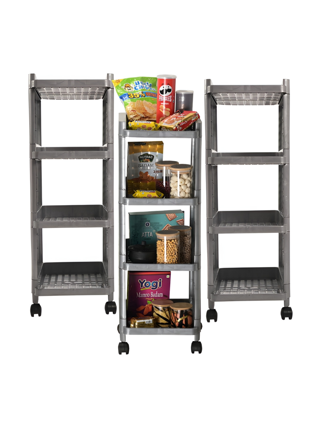 Kuber Industries Grey 3 Pieces 4-Layer Storage Trolley Rack
