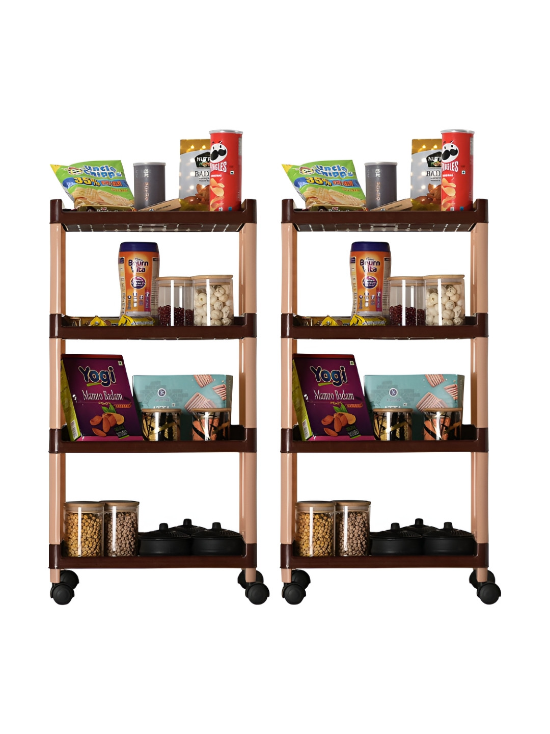 Kuber Industries Brown 2 Pieces With 4-Tier Rectangle Trolley Racks