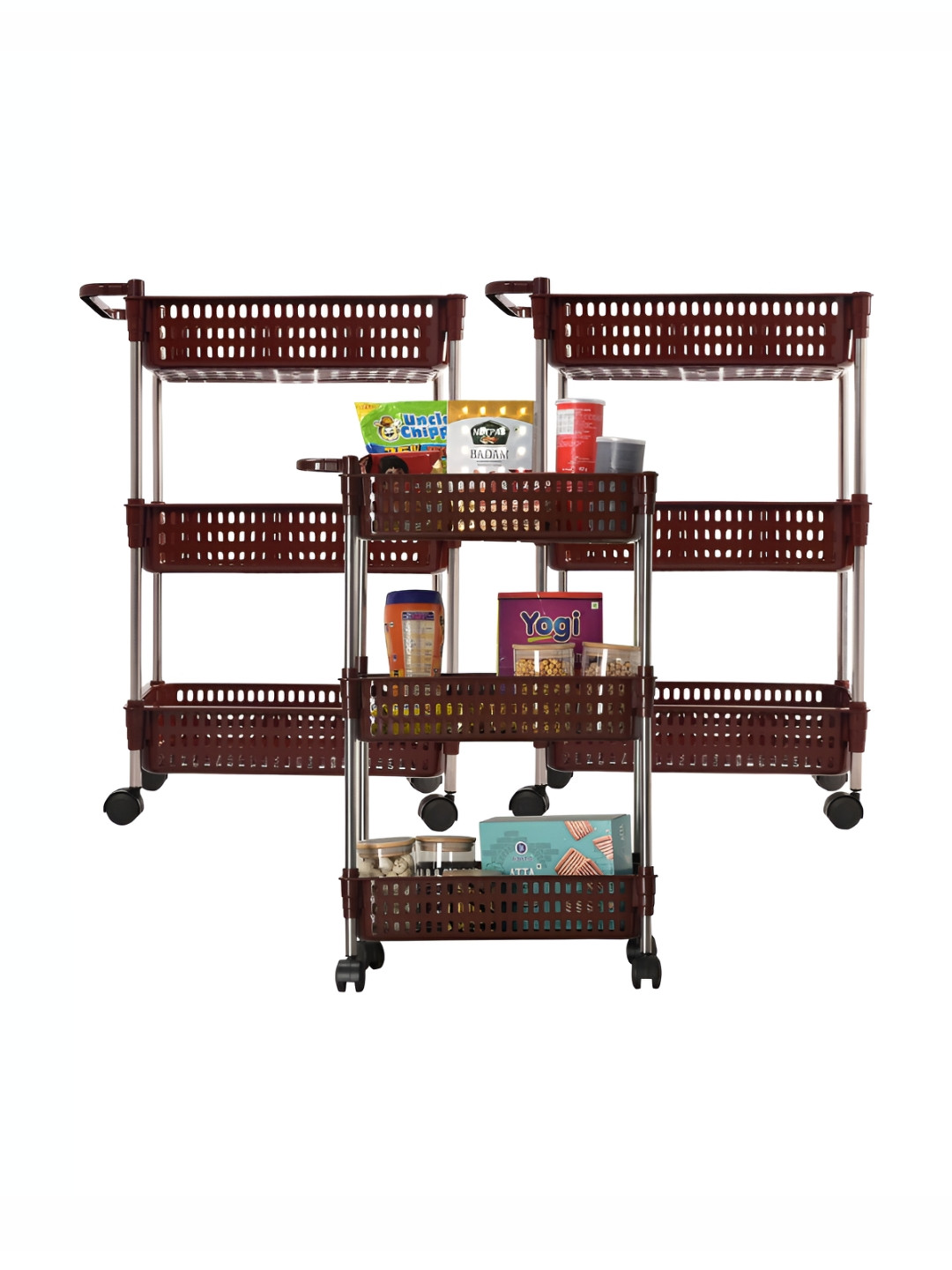 Kuber Industries Brown 3 Pieces Textured 3-Layer Multi Purpose Rack