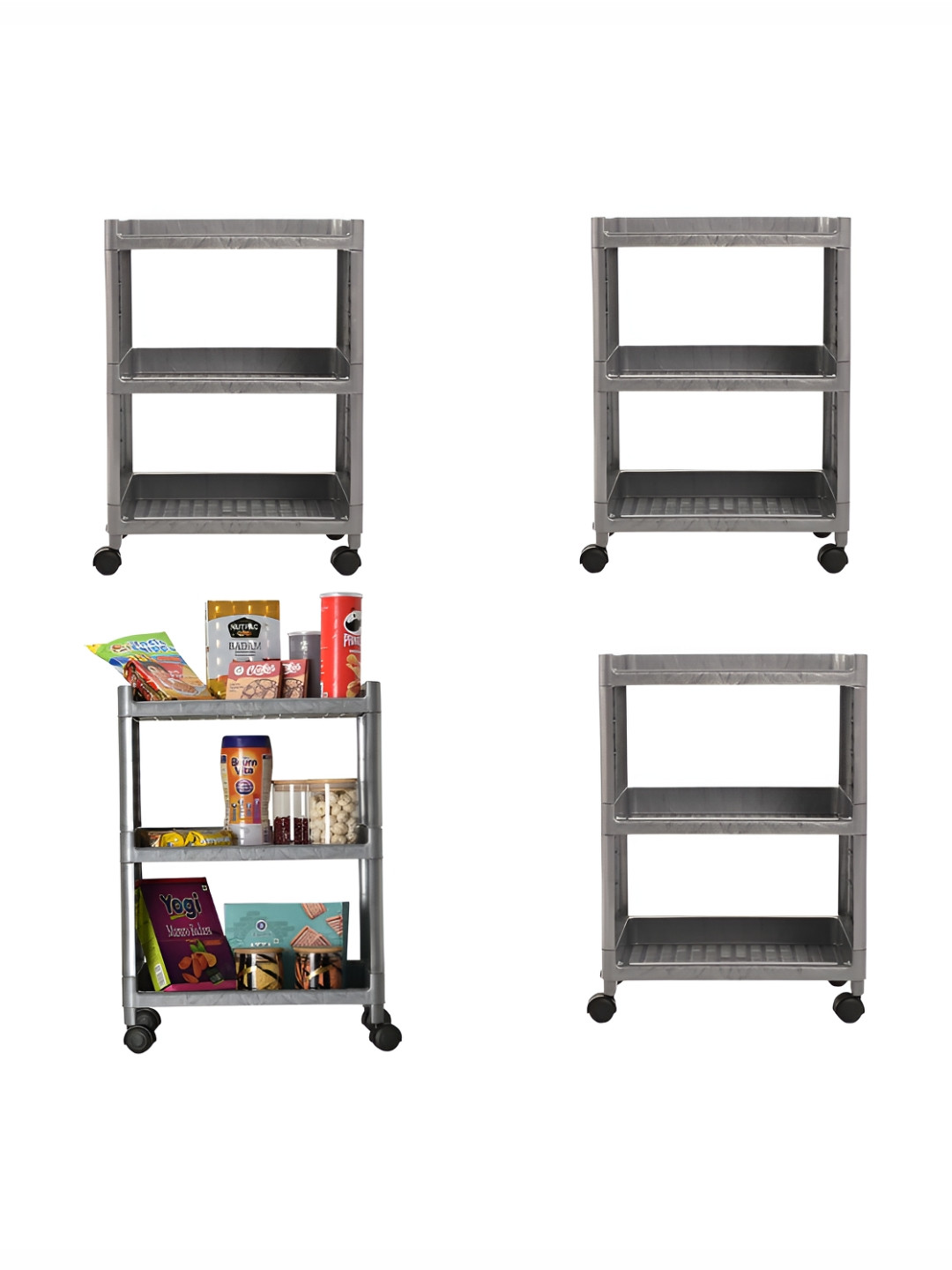 Kuber Industries Grey 4 Pieces 3-Layer Storage Trolley Rack