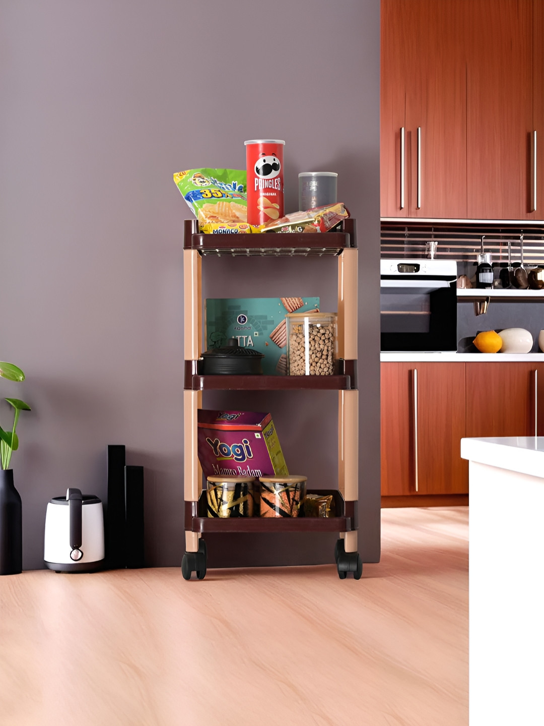 Kuber Industries Brown & Orange 3-Tier Rectangle Multi Purpose Rack