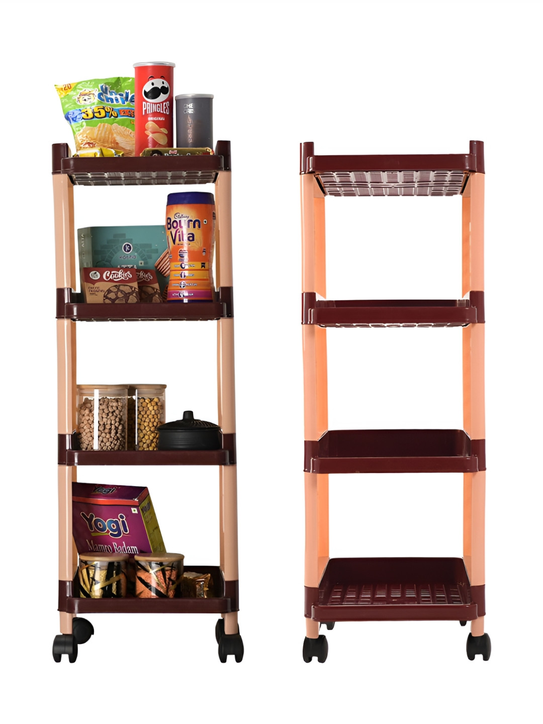 Kuber Industries Brown & Peach Coloured 2 Pieces 4-Layer Trolley Storage Rack With Wheels