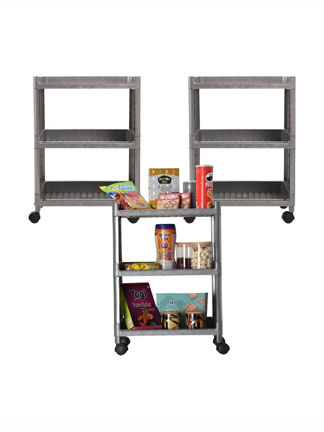 Kuber Industries Grey & Black 3 Pieces 3-Layer Trolley Storage Rack With Wheels