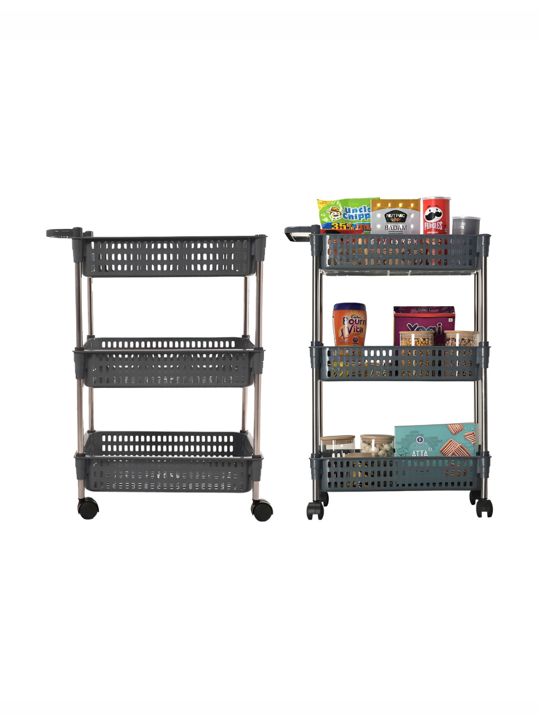 Kuber Industries Grey 2 Pieces Textured 3-Layer Plastic Multi Purpose Rack