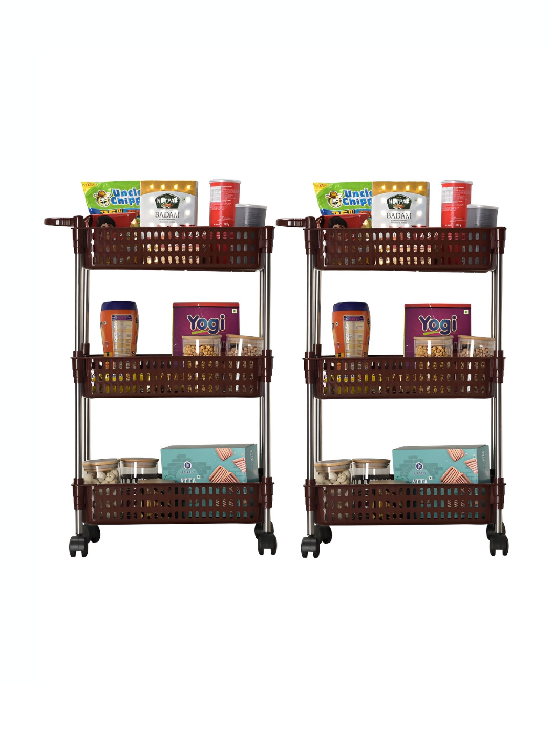 Kuber Industries Brown 2 Pieces Textured 4-Tier Plastic Rectangle Multi Purpose Rack