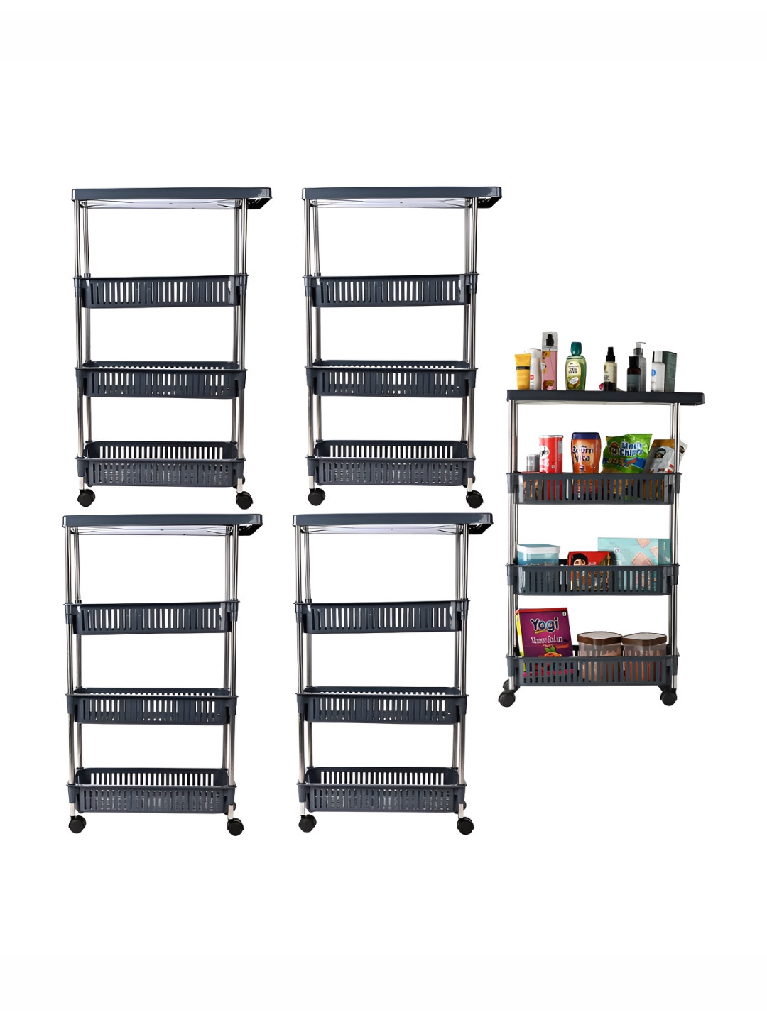 Kuber Industries Grey 5 Pieces 4-Tier Plastic Rectangle Multi Purpose Rack