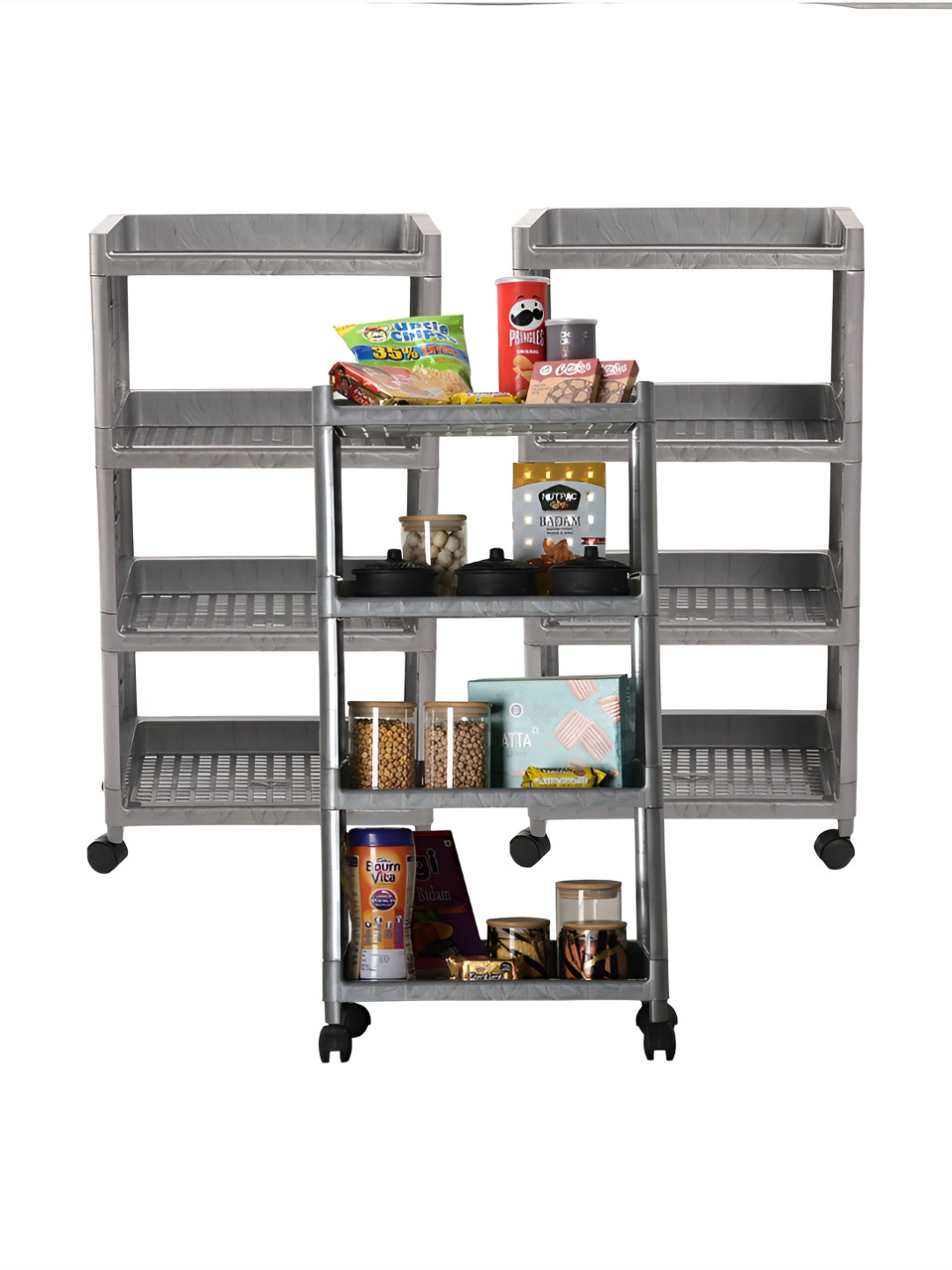 Kuber Industries Grey 3 Pieces With 4-Layer Storage Trolley Rack with Wheels