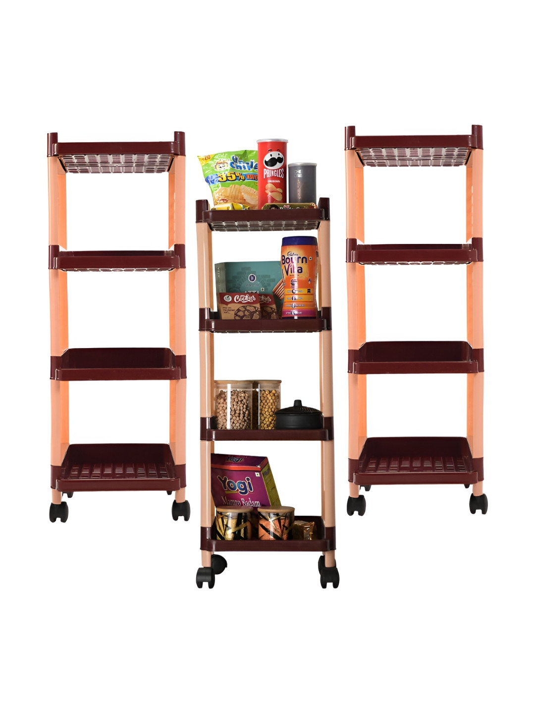 Kuber Industries Brown 3 Pieces 4-Layer Storage Trolley Rack