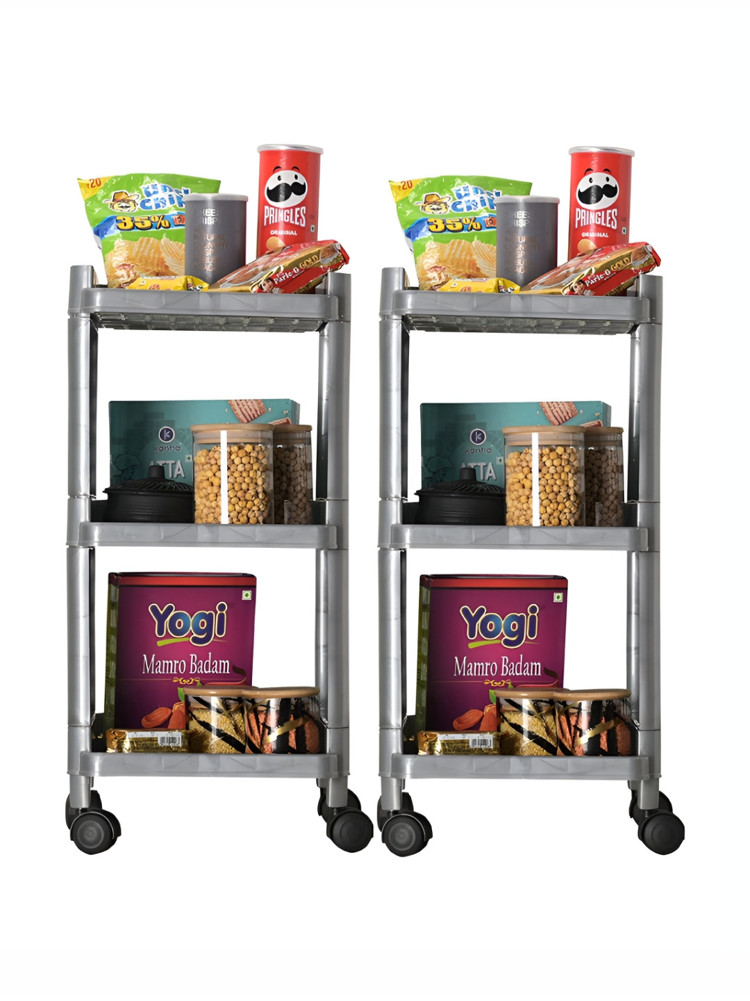 Kuber Industries Grey 2 Pieces 3-Layer Trolley Storage Rack With Wheels