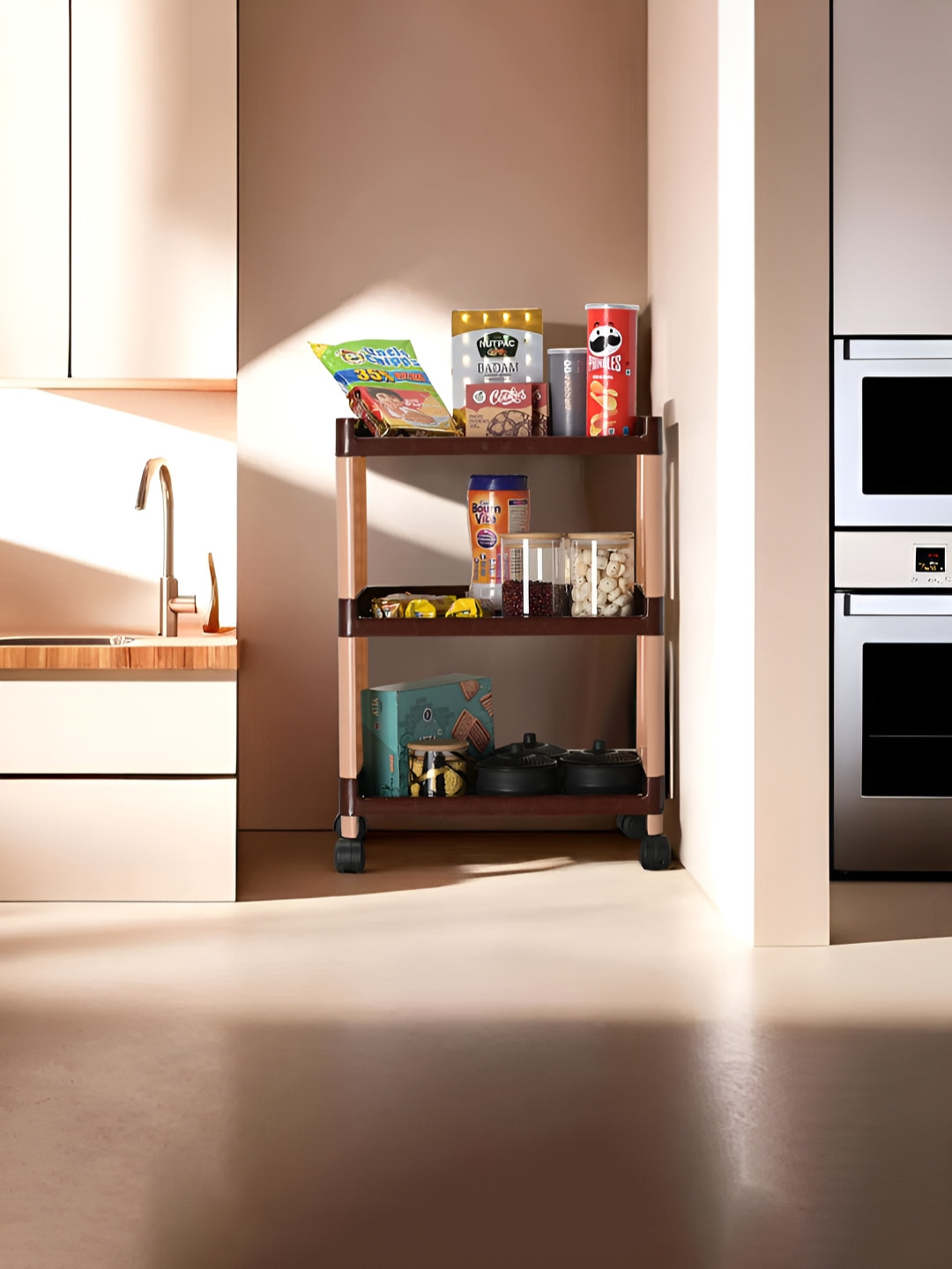 Kuber Industries Brown Textured 3-Layer Multi Purpose Rack