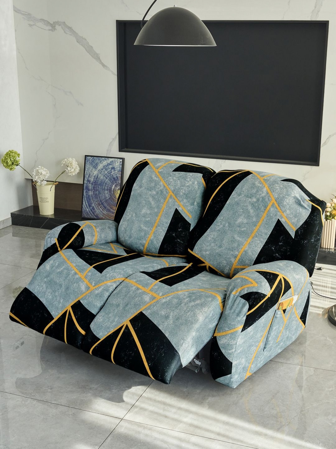 HOKIPO Grey Abstract Printed 2-Seater Stretchable Recliner Sofa Cover & Arms