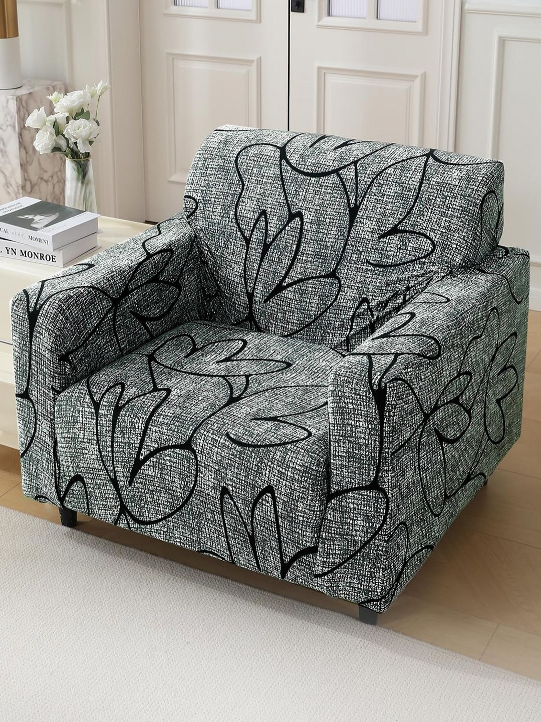 HOKIPO Grey & Black 1 Seater Abstract Printed Stretchable Sofa Cover With Arms