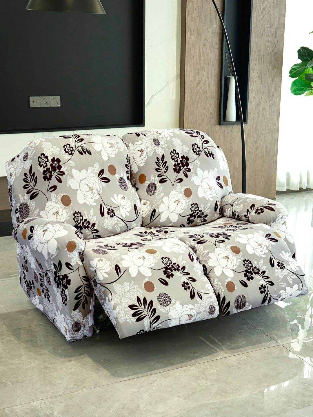 Brown & White 2-Seater Floral Printed Stretchable Recliner Sofa Covers with Arms