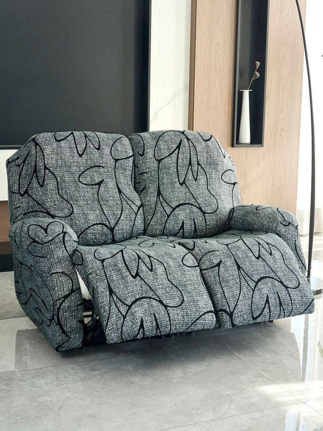 HOKIPO Grey & Black 2 Seater Abstract Printed 2-Seater Recliner Sofa Covers With Arms