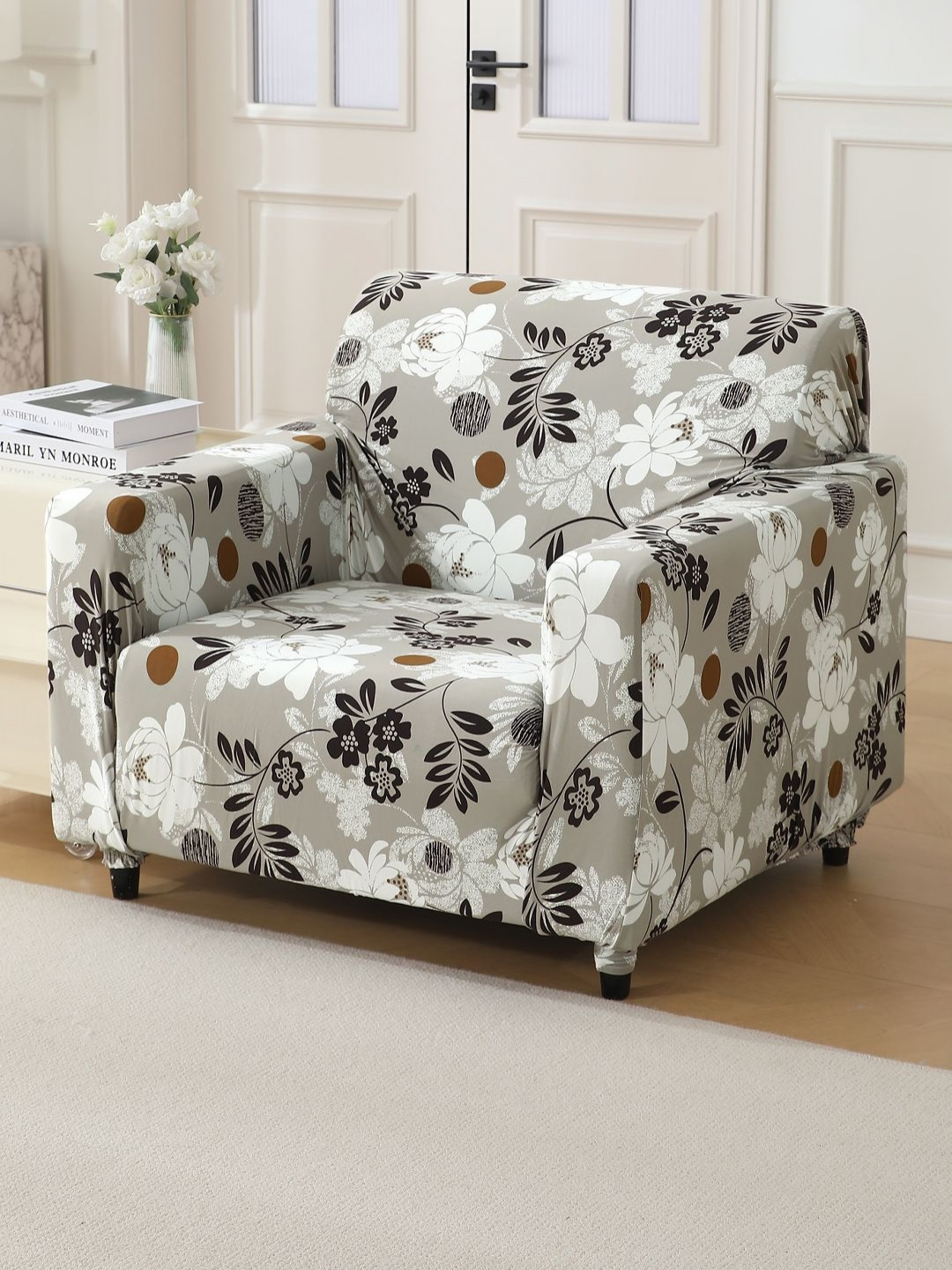 HOKIPO Brown & Grey 1 Seater Floral Printed Stretchable Sofa Cover With Arms