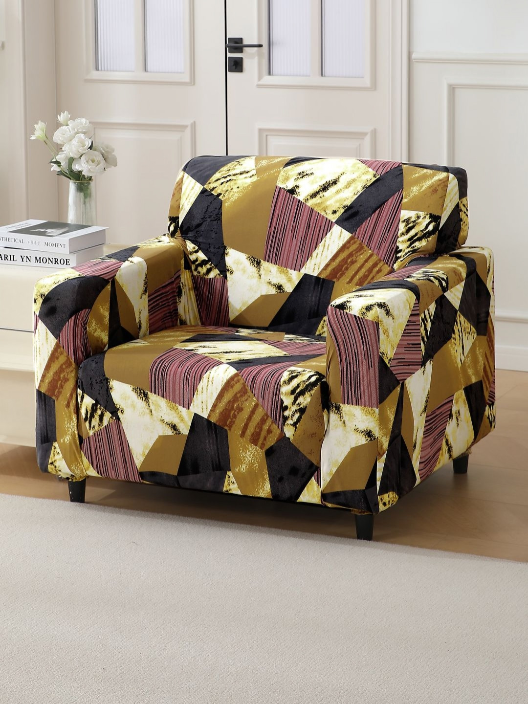 HOKIPO Red & White 1 Seater Abstract Printed Stretchable Sofa Cover With Arms