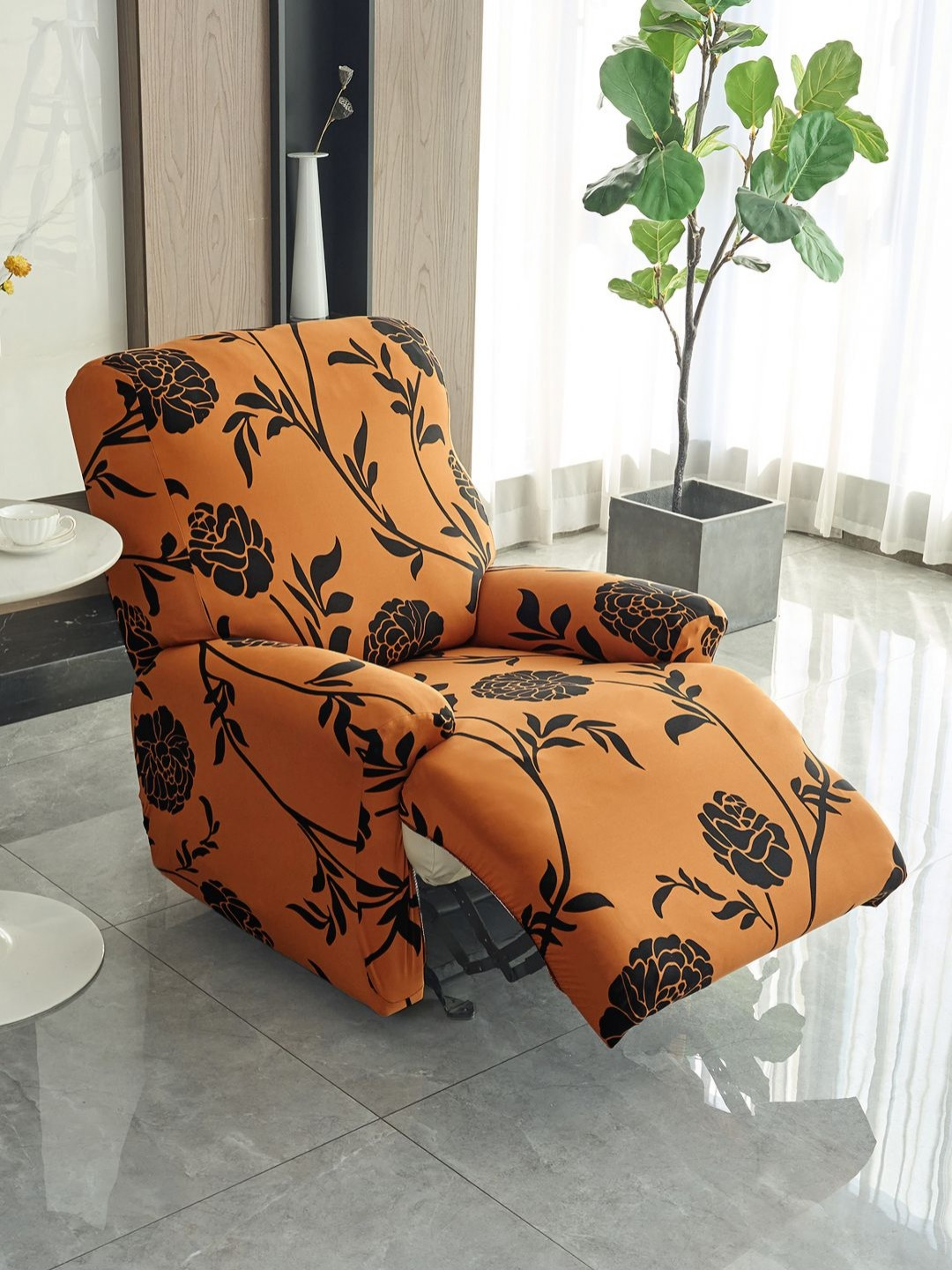 HOKIPO Brown & Black 1 Seater Floral Printed Stretchable Recliner Sofa Cover With Arms